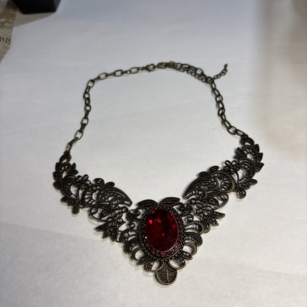 Red Rhinestone Antiqued Bronze Filigree Gothic Statement Bib Necklace